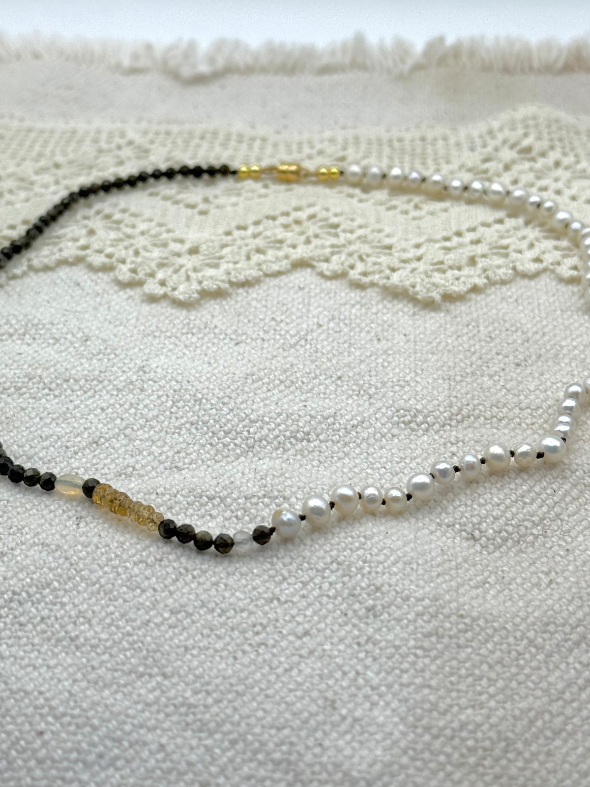 Hand knotted pearl, tigers eye   Opal necklace