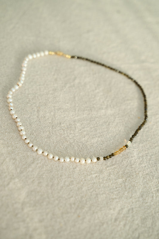 Hand knotted pearl, tigers eye   Opal necklace