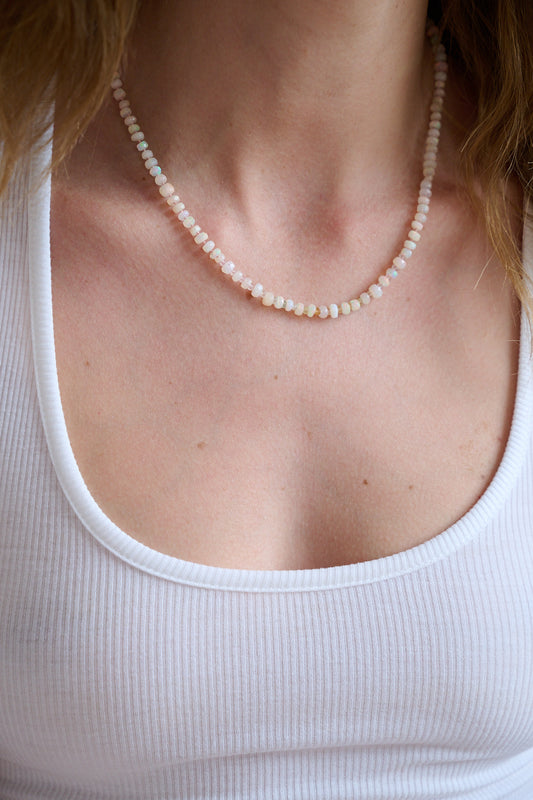 Ethiopian fire opal and aquamarine hand knotted necklace