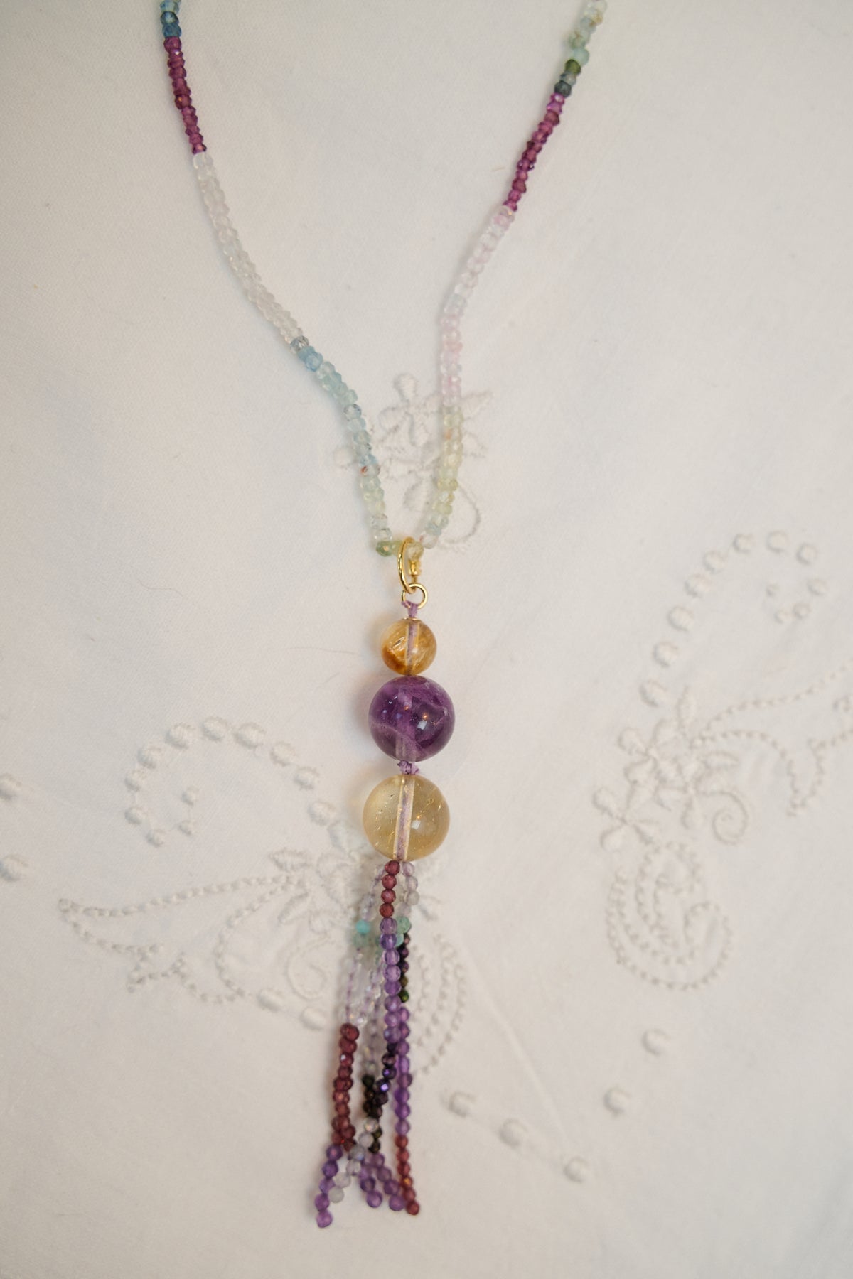 Multi aquamarine long skinny necklace