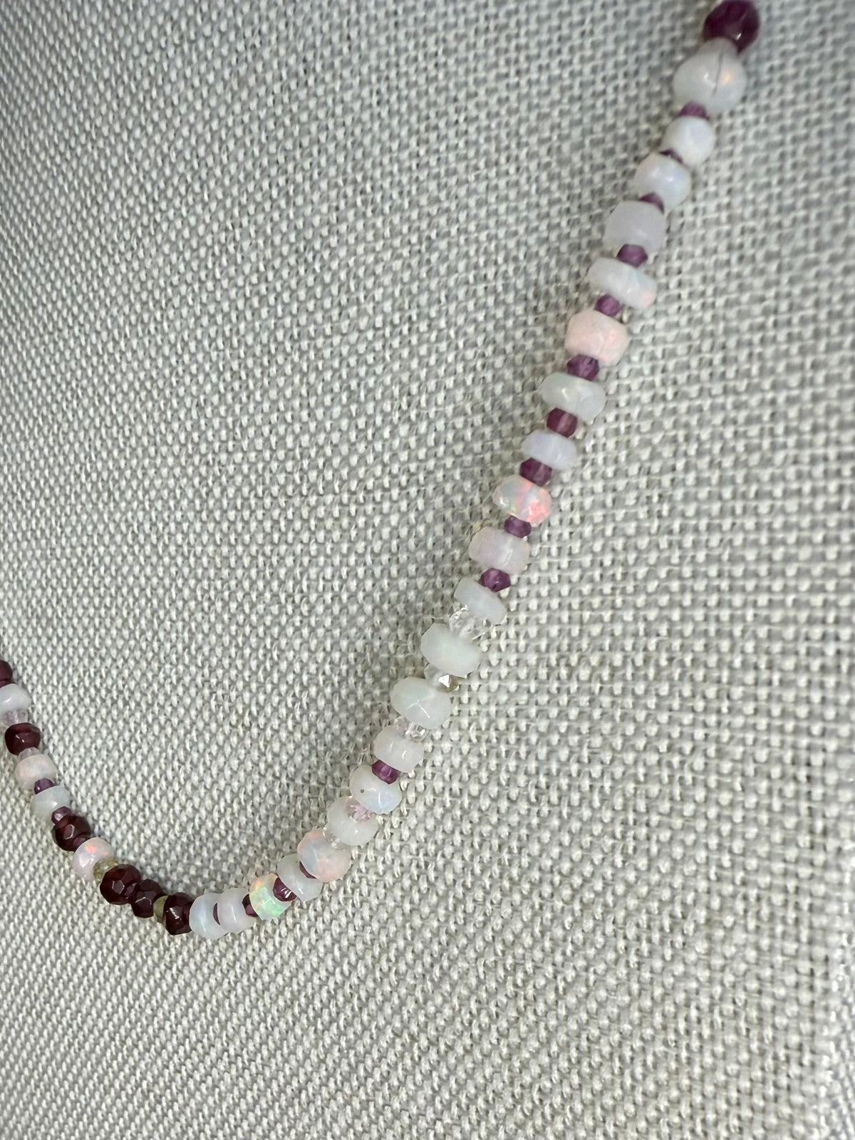 Ethiopian fire opal, garnet and sapphire necklace