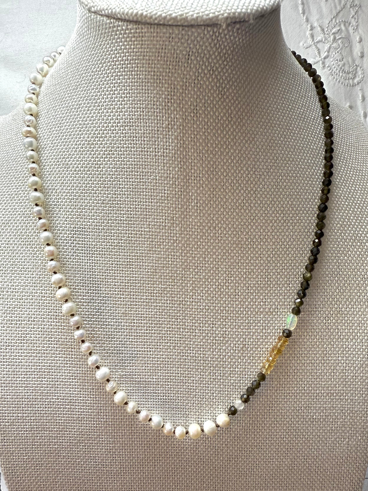Hand knotted pearl, tigers eye   Opal necklace
