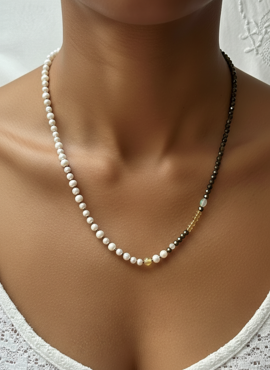 Hand knotted pearl, tigers eye   Opal necklace