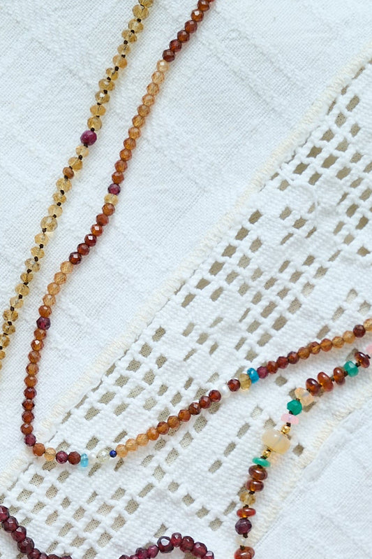 Shaded hessionite  garnet, pearl , blue apatite necklace