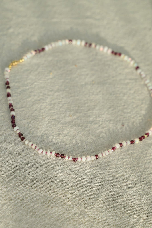 Ethiopian fire opal, garnet and sapphire necklace